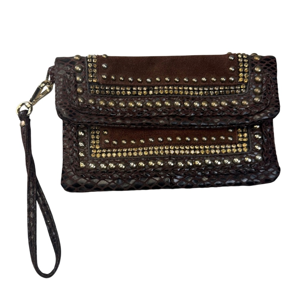 Cache Snakeskin Embossed Leather Studded Wristlet‎ Brown Western Y2K Boho Clutch